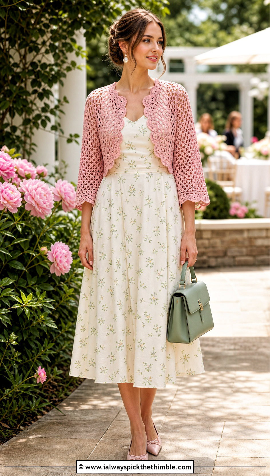 Scalloped Edge Fishnet Crochet Bolero With Floral Midi Dress - 20 Fishnet Crochet Bolero outfit ideas