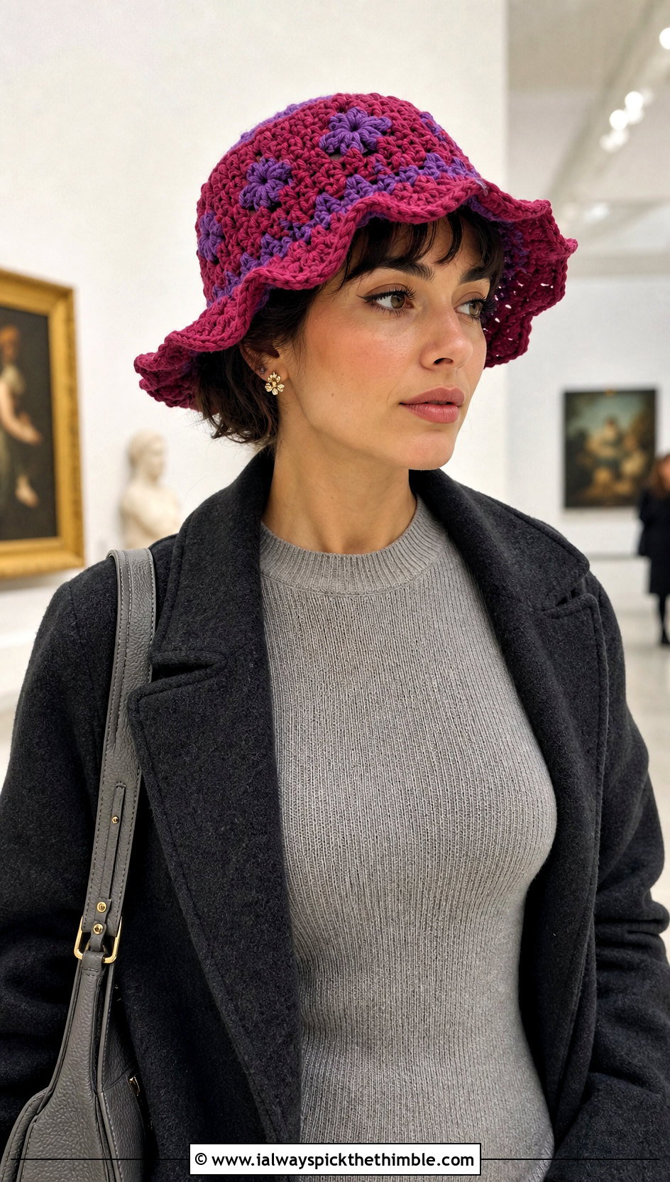 Scalloped Edge Granny Crochet Hat With Knit Midi Dress - 20 Granny Crochet Hat outfit ideas