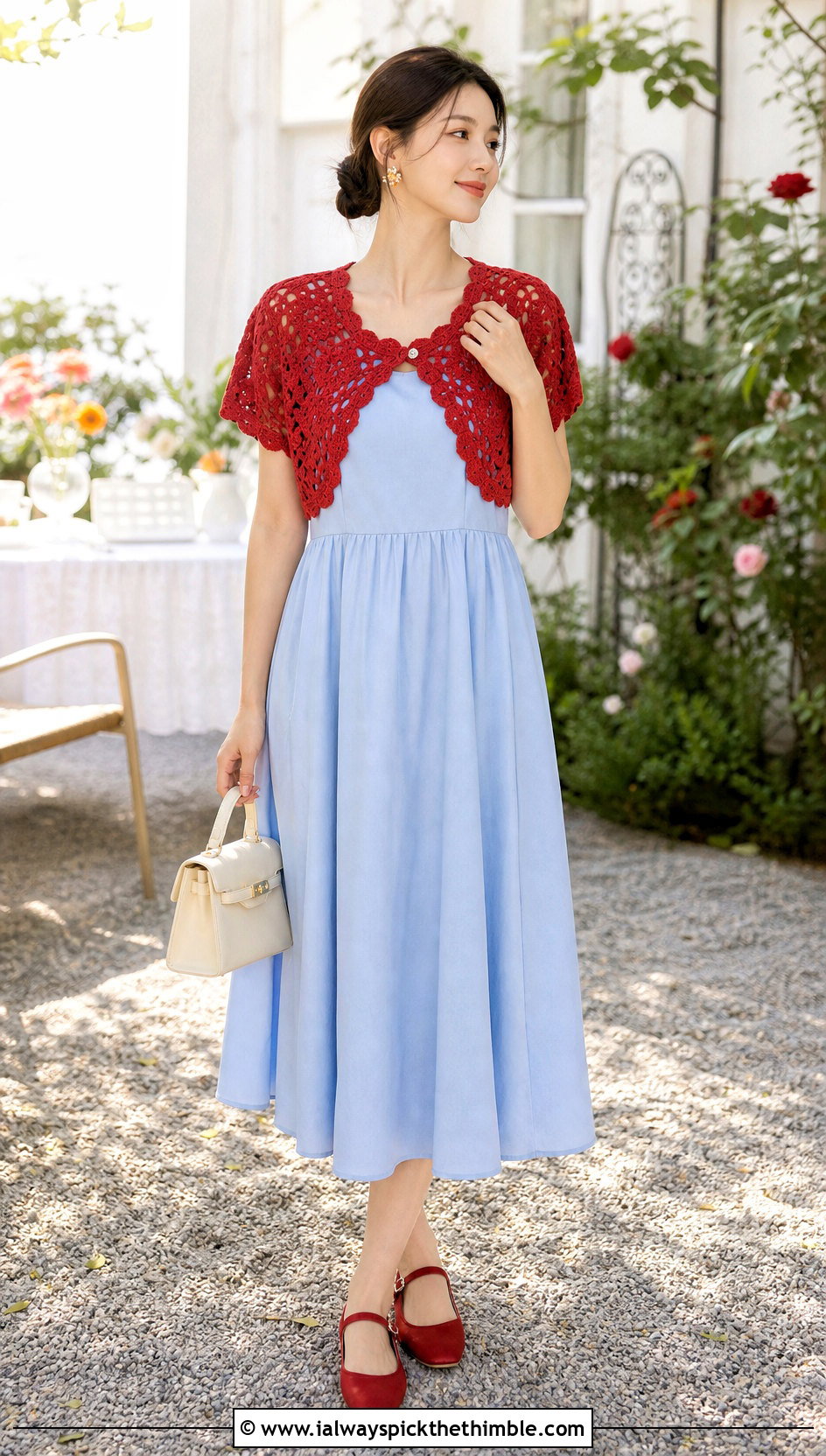 Scalloped Edge Granny Square Bolero With Midi Dress - 25 granny square bolero outfit ideas