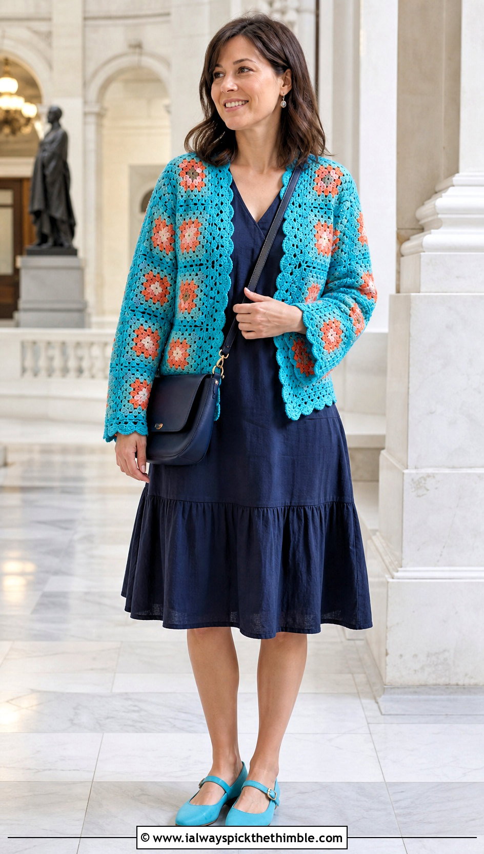 Scalloped Edge Granny Square Cardigan With Tea Dress - 25 Easy Simple Crochet Granny Square Cardigan outfit ideas