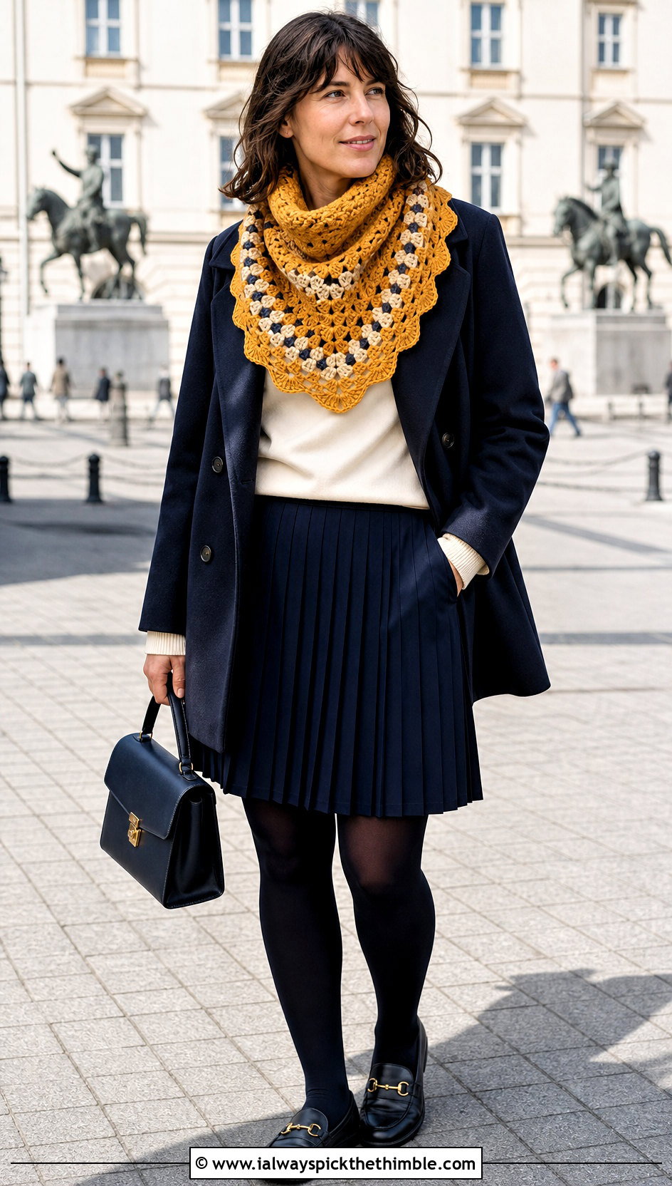 Scalloped Edge Granny Square Cowl With Peacoat and Pleated Skirt - 20 Granny Square Cowl outfit ideas