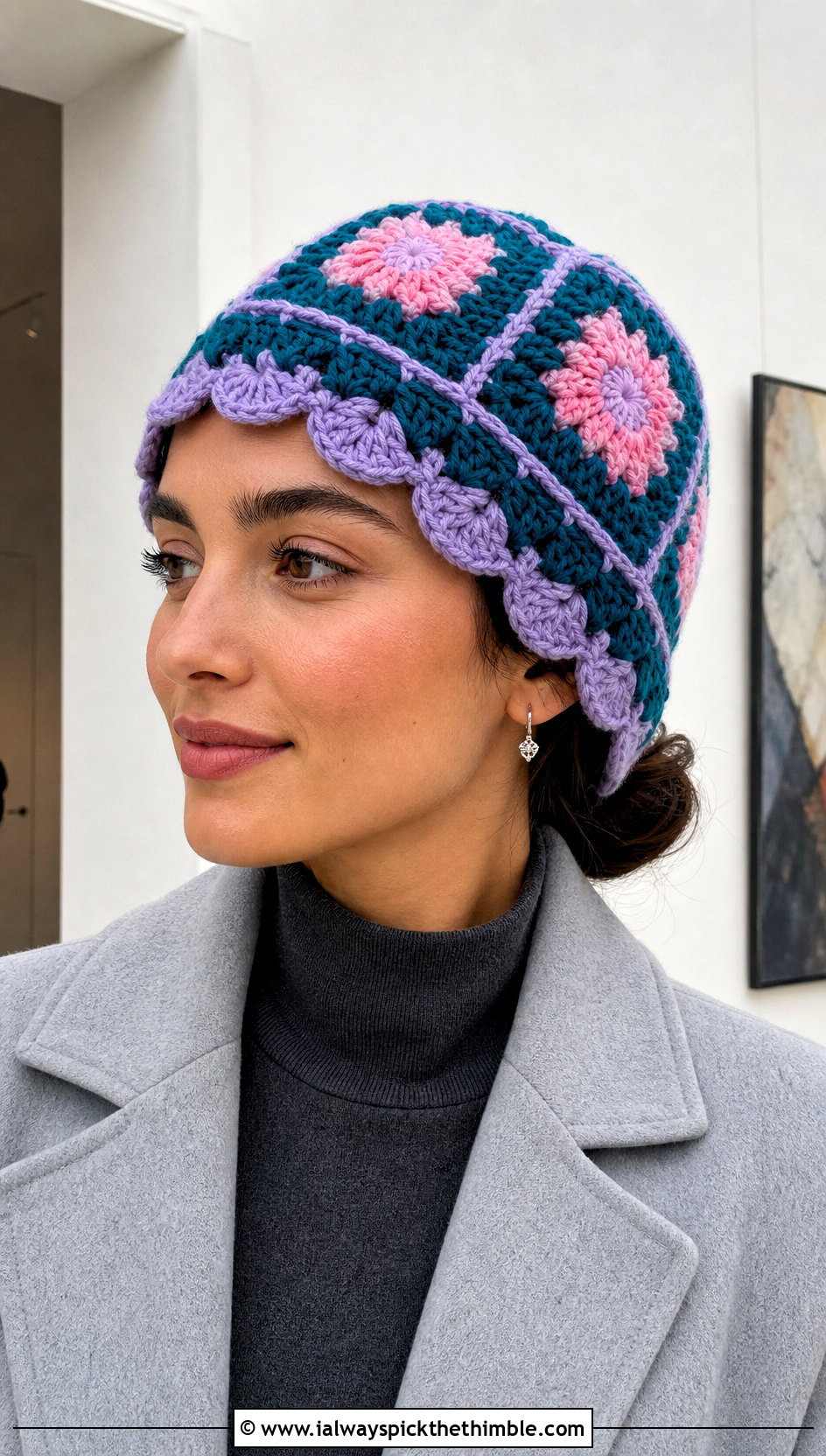 Scalloped Edge Granny Square Crochet Beanie With Satin Skirt - 20 granny square crochet beanie outfit ideas