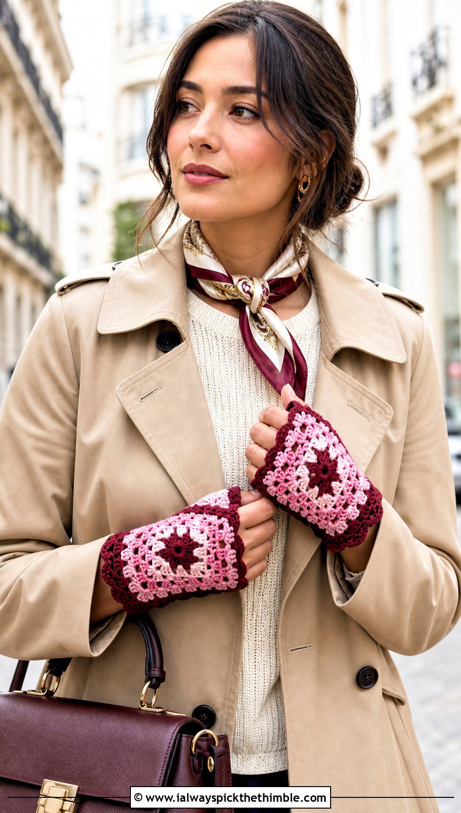 Scalloped Edge Granny Square Fingerless Gloves With Trench Coat - 20 crochet granny square fingerless gloves outfit ideas
