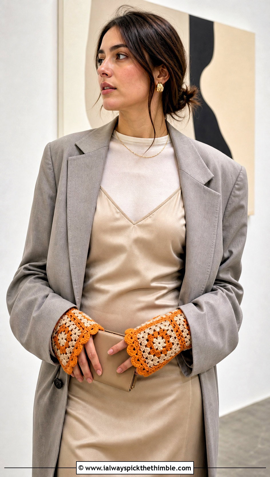 Scalloped Edge Granny Square Gloves With Slip Dress - 20 Fingerless Granny Square Gloves outfit ideas