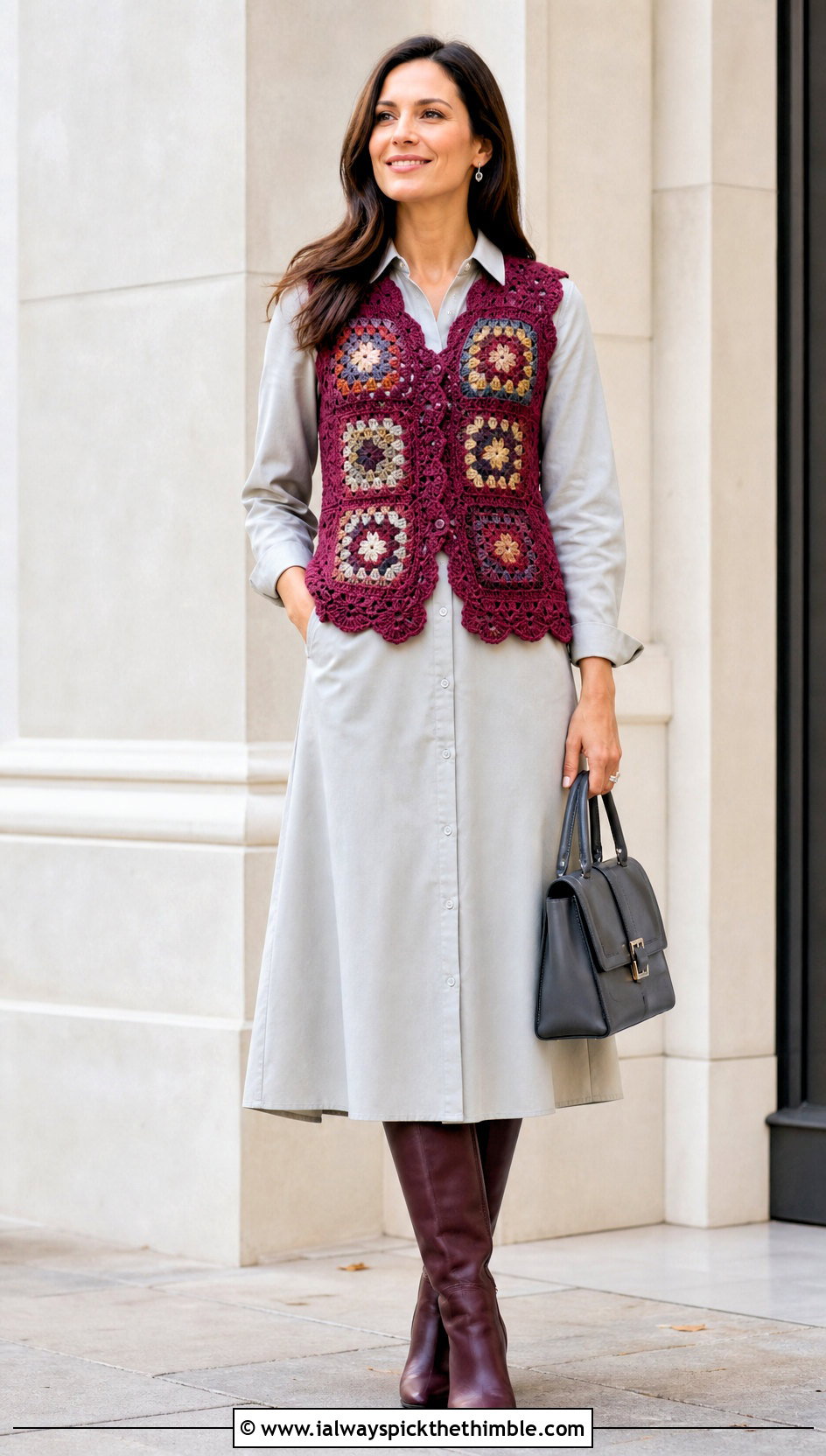 Scalloped Edge Granny Square Sweater Vest With Shirt Dress - 25 granny square sweater vest outfit ideas