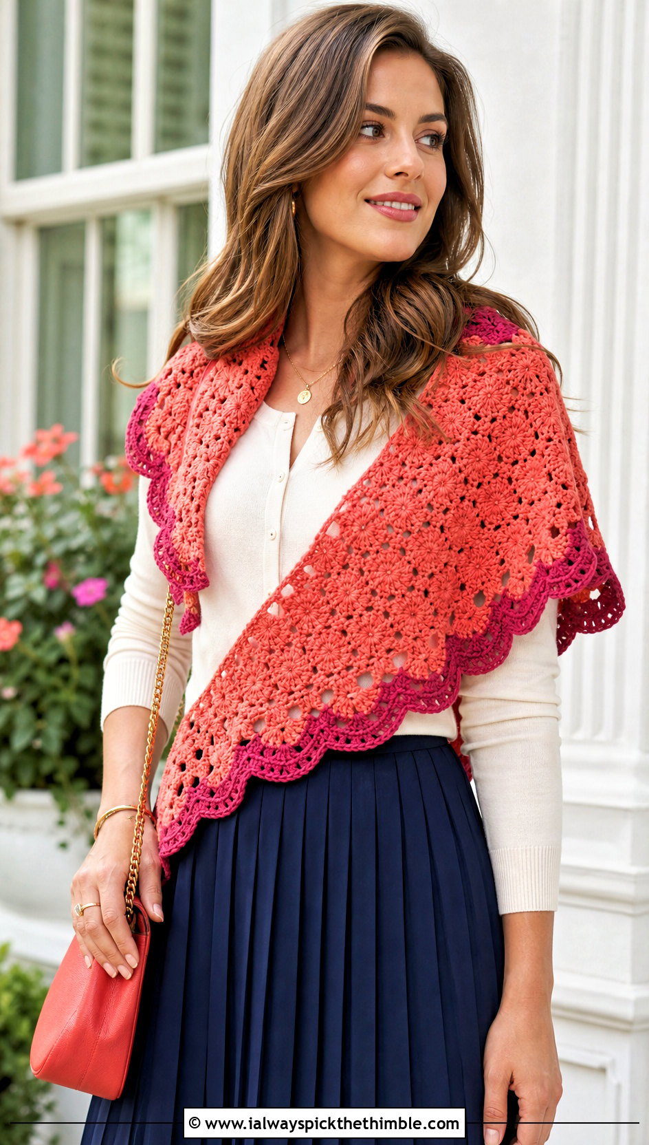 Scalloped Edge Granny Square Triangle Shawl With Cardigan And Pleated Skirt - 20 granny square triangle shawl outfit ideas