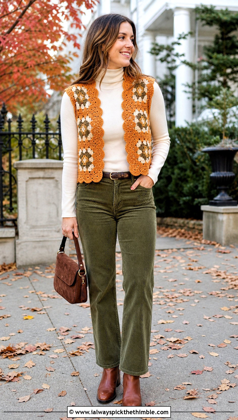 Scalloped Edge Granny Square Vest With Corduroy Pants - 25 granny square vest outfit ideas