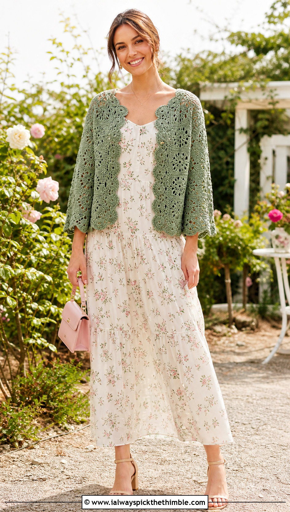 Scalloped Edge Hex Crochet Cardigan With Floral Maxi Dress - 25 hex crochet cardigan outfit ideas