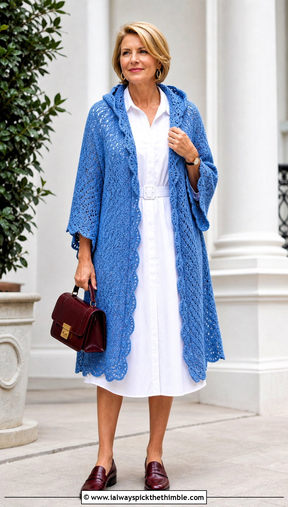 Scalloped Edge Hooded Crochet Ruana With Shirt Dress - 20 Hooded Crochet Ruana outfit ideas