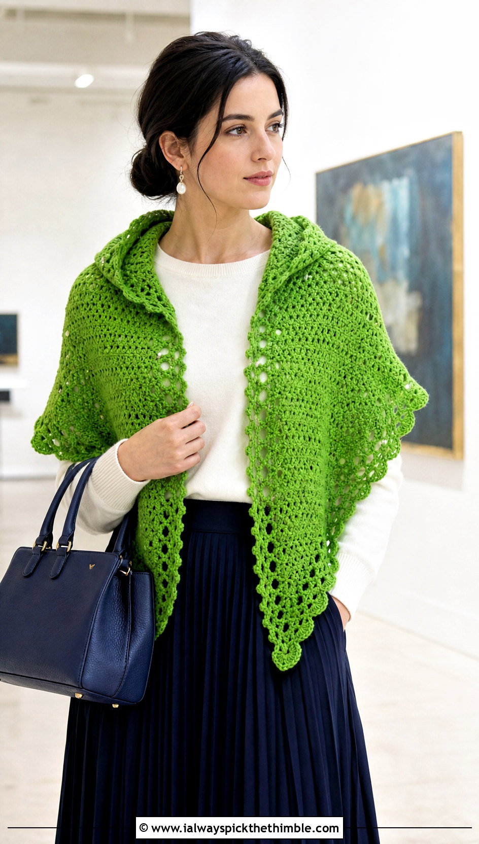 Scalloped Edge Hooded Triangle Crochet Shawl With Pleated Midi Skirt - 20 Hooded Triangle Crochet Shawl outfit ideas