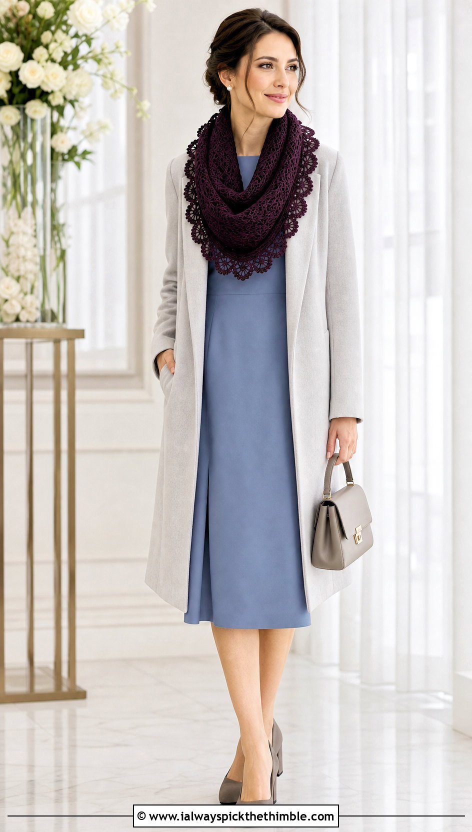 Scalloped Edge Infinity Scarf With Midi Dress - 20 Lacy Crochet Infinity Scarf outfit ideas