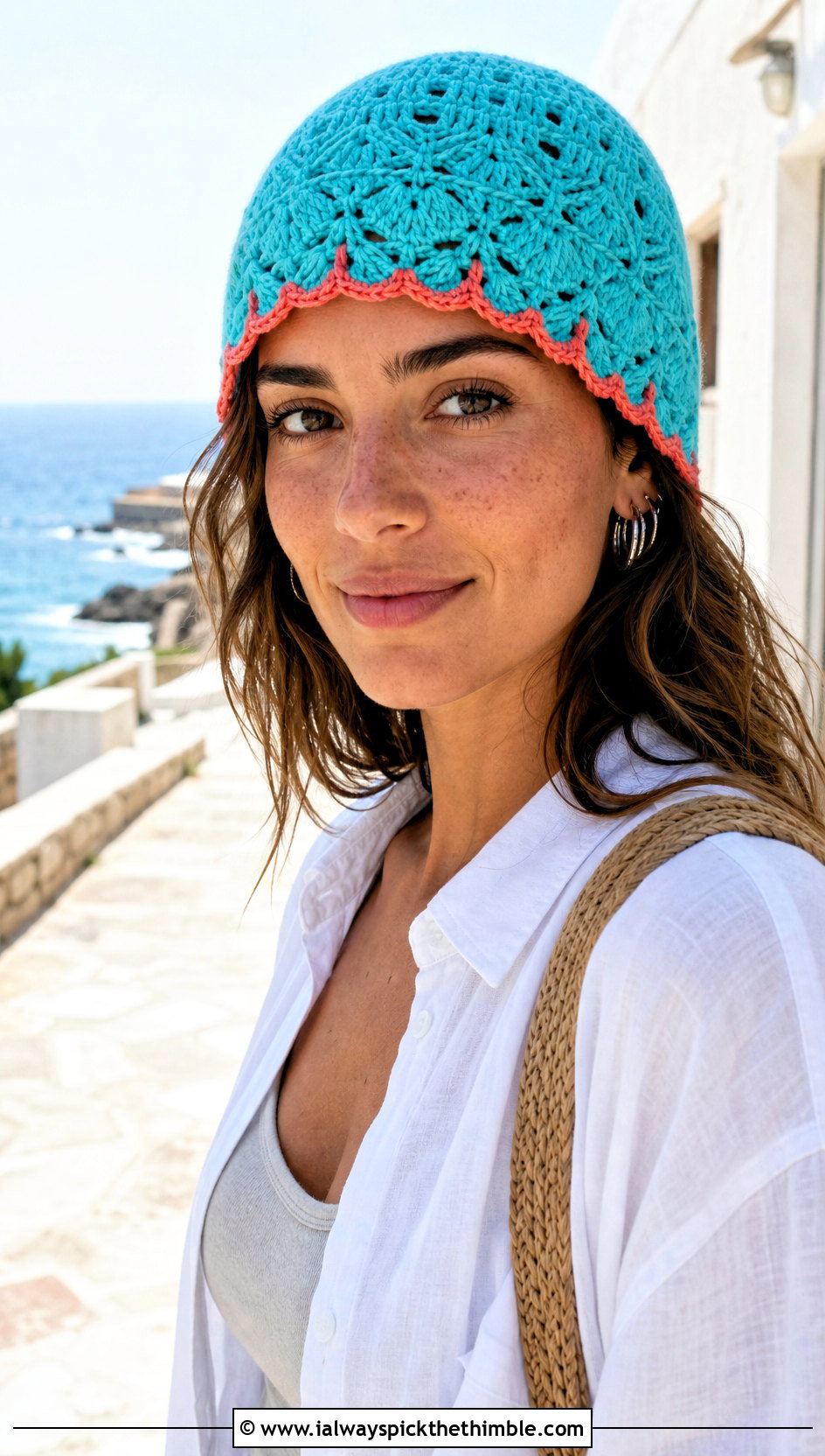 Scalloped Edge Lightweight Crochet Beanie With Linen Shirt And Shorts - 15 Lightweight Crochet Beanie outfit ideas