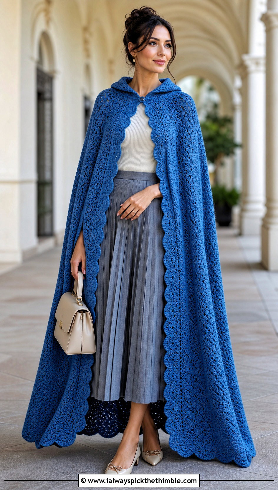 Scalloped Edge Long Hooded Crochet Cape With Pleated Midi Skirt - 20 Long Hooded Crochet Cape outfit ideas