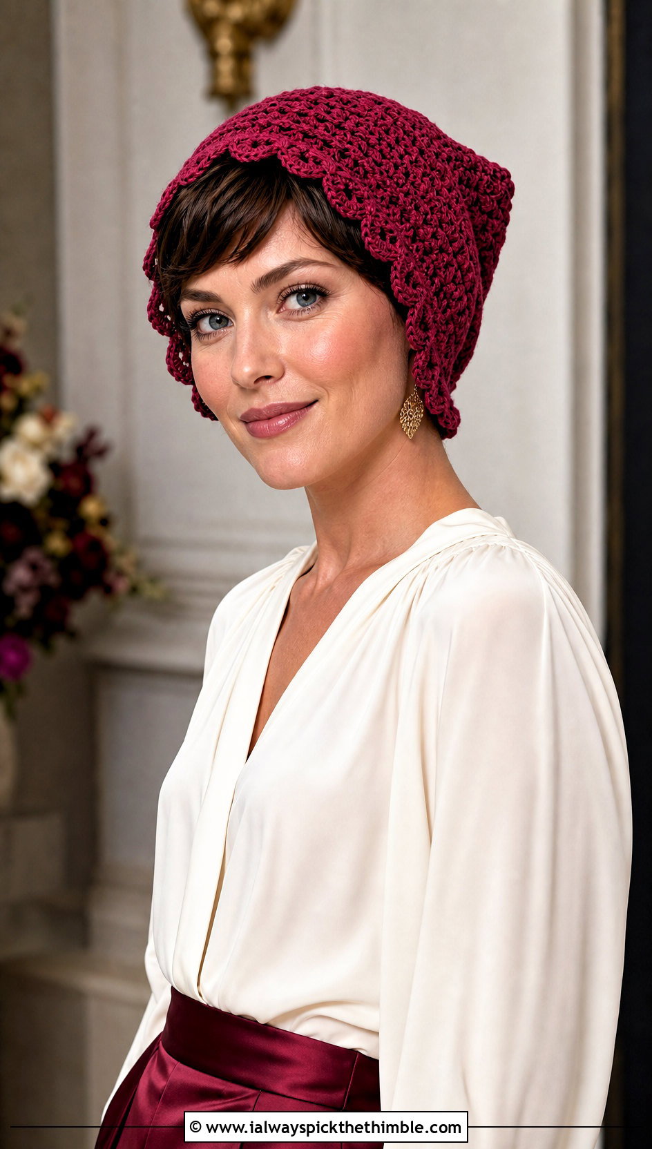 Scalloped Edge Pixie Bonnet With Blouse And Satin Pants - 20 crochet pixie hat outfit ideas