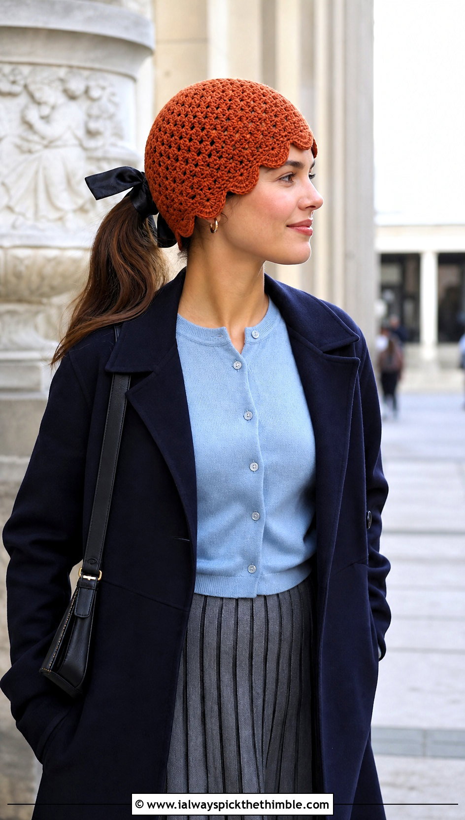 Scalloped Edge Ponytail Crochet Beanie With Pleated Skirt - 20 crochet beanie with ponytail hole outfit ideas
