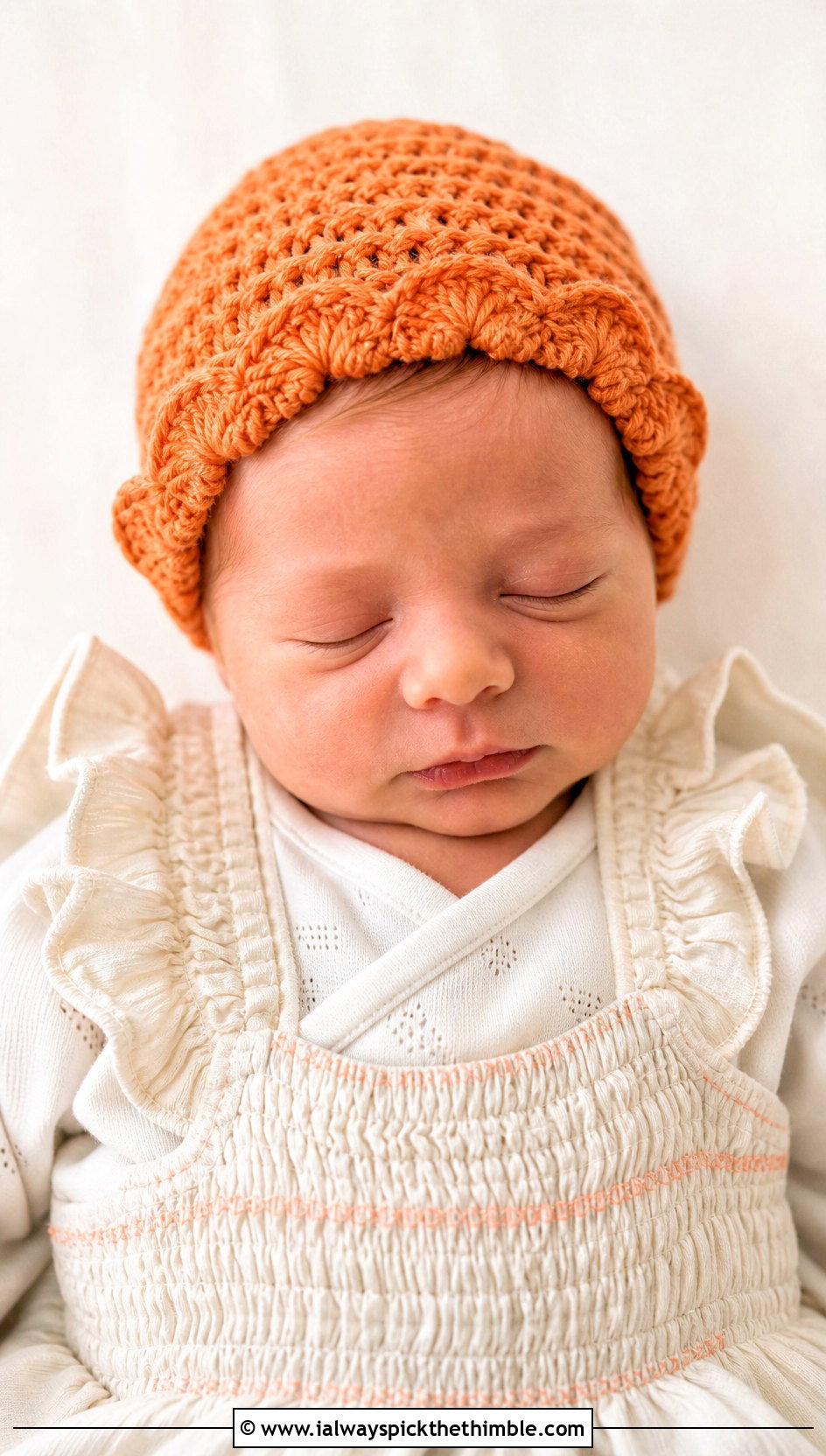 Scalloped Edge Preemie Crochet Beanie With Smocked Romper - 20 premie crochet hat outfit ideas