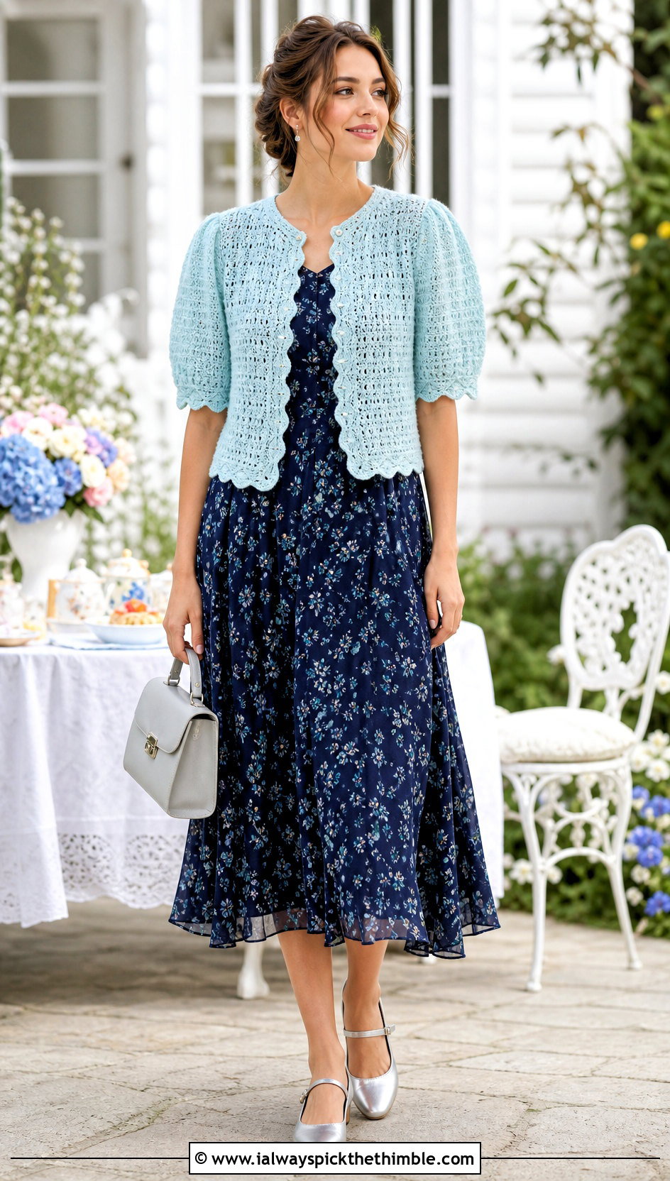 Scalloped Edge Puff Sleeve Crochet Cardigan With Tea Dress - 20 Puff Sleeve Crochet Cardigan outfit ideas