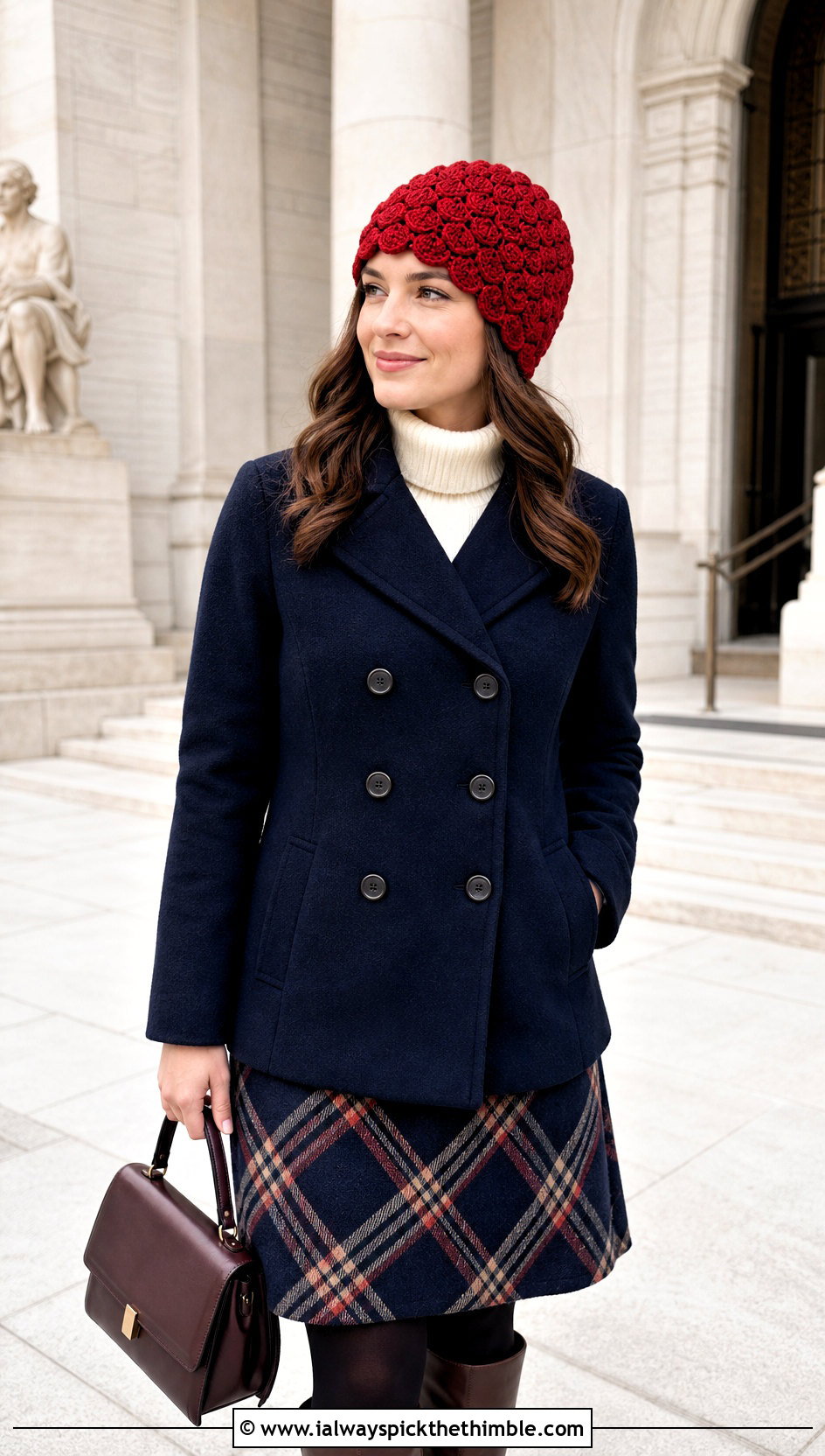 Scalloped Edge Puff Stitch Beanie With Peacoat - 20 crochet puff stitch beanie outfit ideas