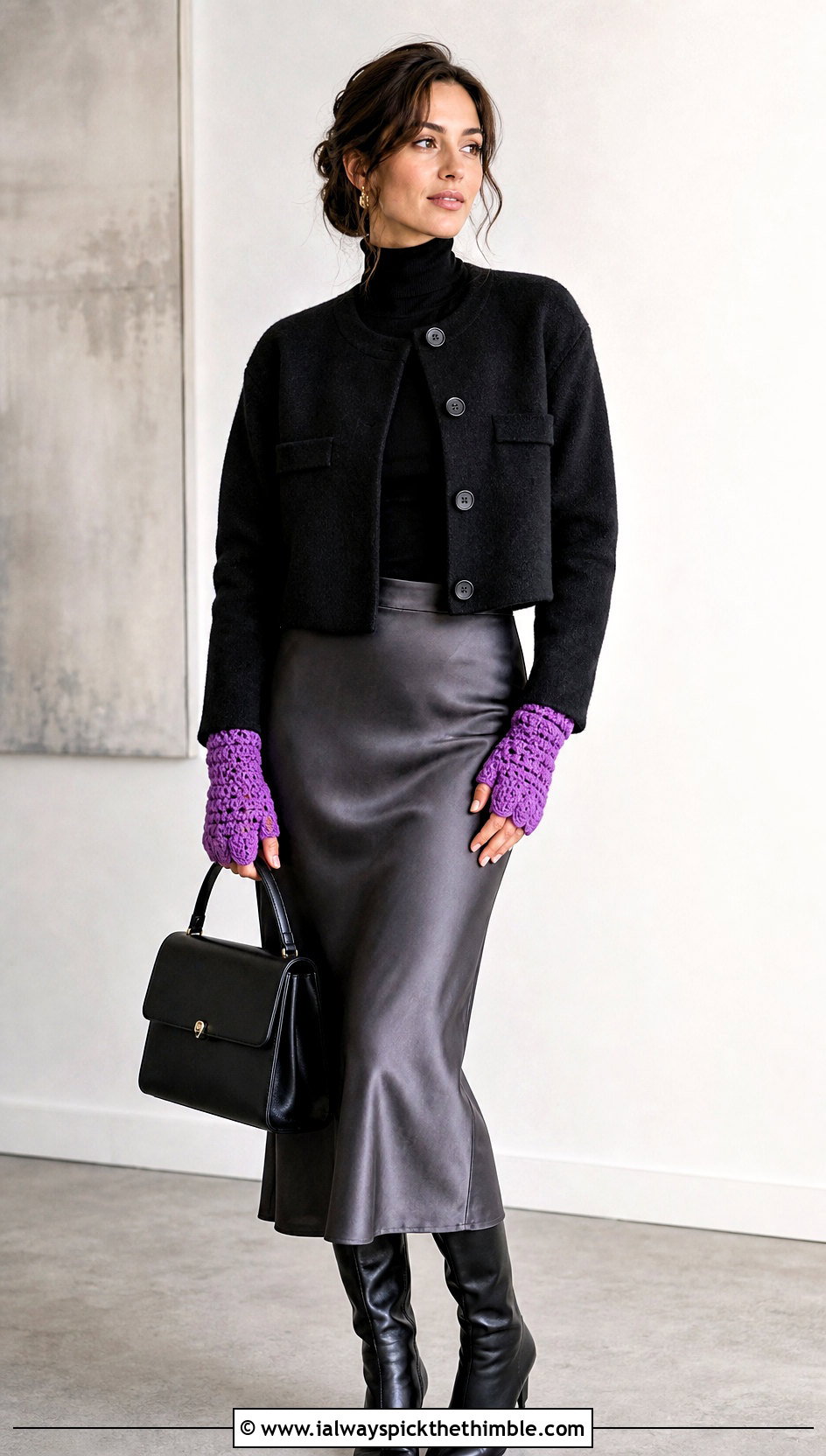 Scalloped Edge Puff Stitch Fingerless Gloves With Satin Midi Skirt - 15 Crochet Puff Stitch Fingerless Gloves outfit ideas