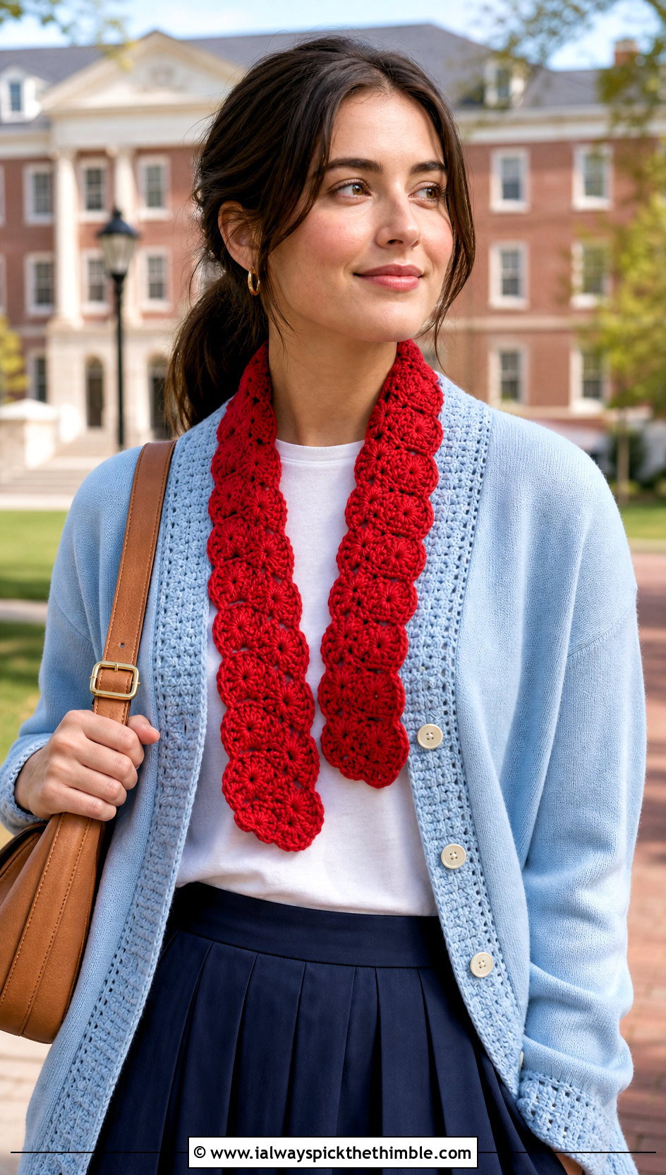 Scalloped Edge Shell Stitch Scarf With Cardigan And Pleated Skirt - 20 Shell Crochet Scarf outfit ideas