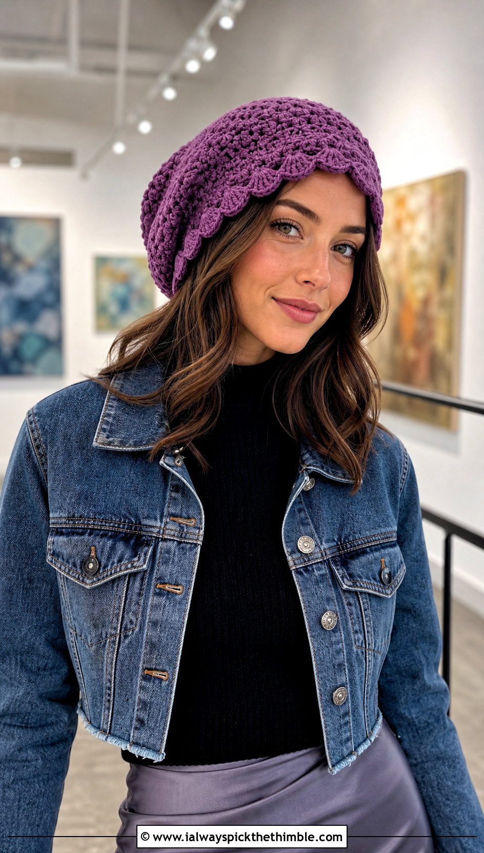 Scalloped Edge Slouchy Crochet Beanie With Midi Skirt - 25 slouchy crochet beanie outfit ideas
