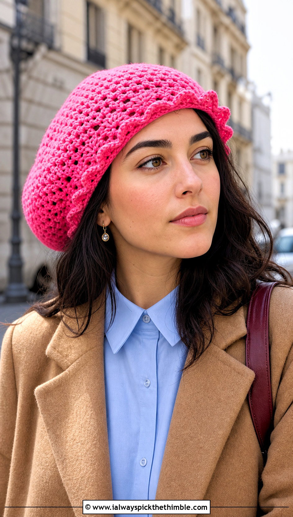 Scalloped Edge Slouchy Crochet Beret With Shirt Dress - 20 Slouchy Crochet Beret outfit ideas