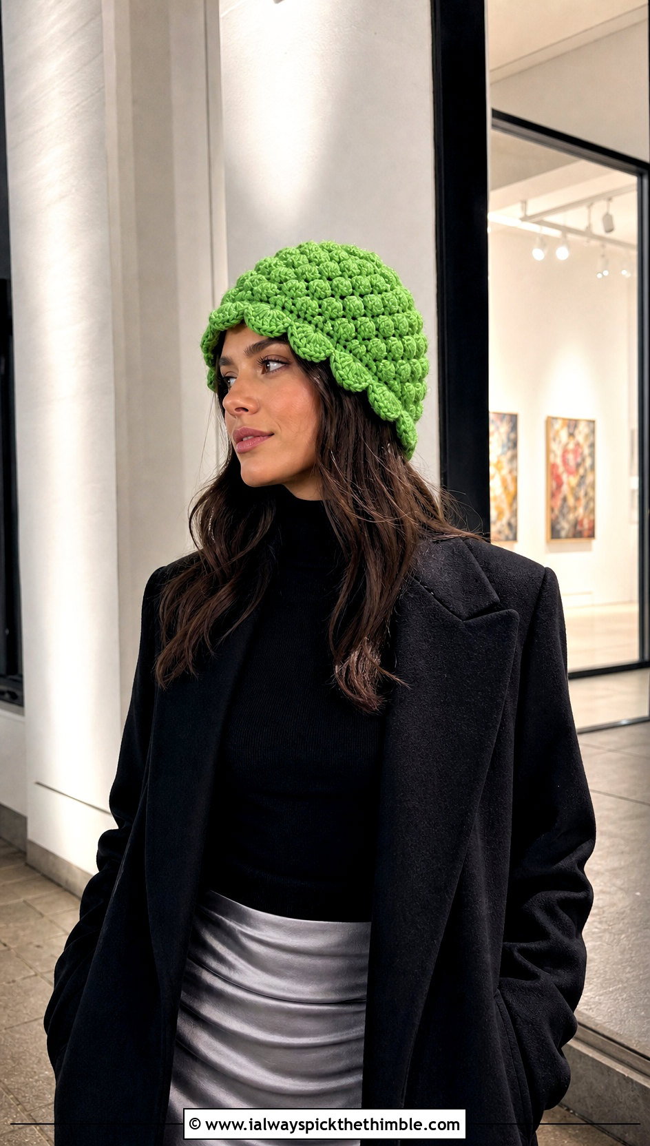 Scalloped Edge Snowy Puff Crochet Hat With Satin Skirt - 15 snowy puff crochet hat outfit ideas