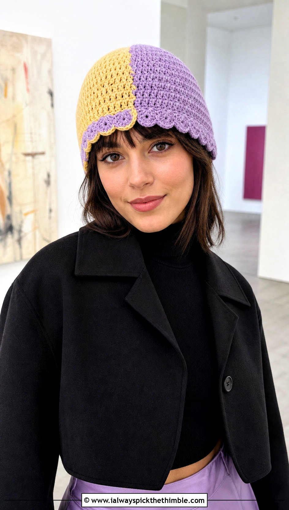 Scalloped Edge Split Color Crochet Beanie With Satin Skirt - 15 Split Color Crochet Beanie outfit ideas