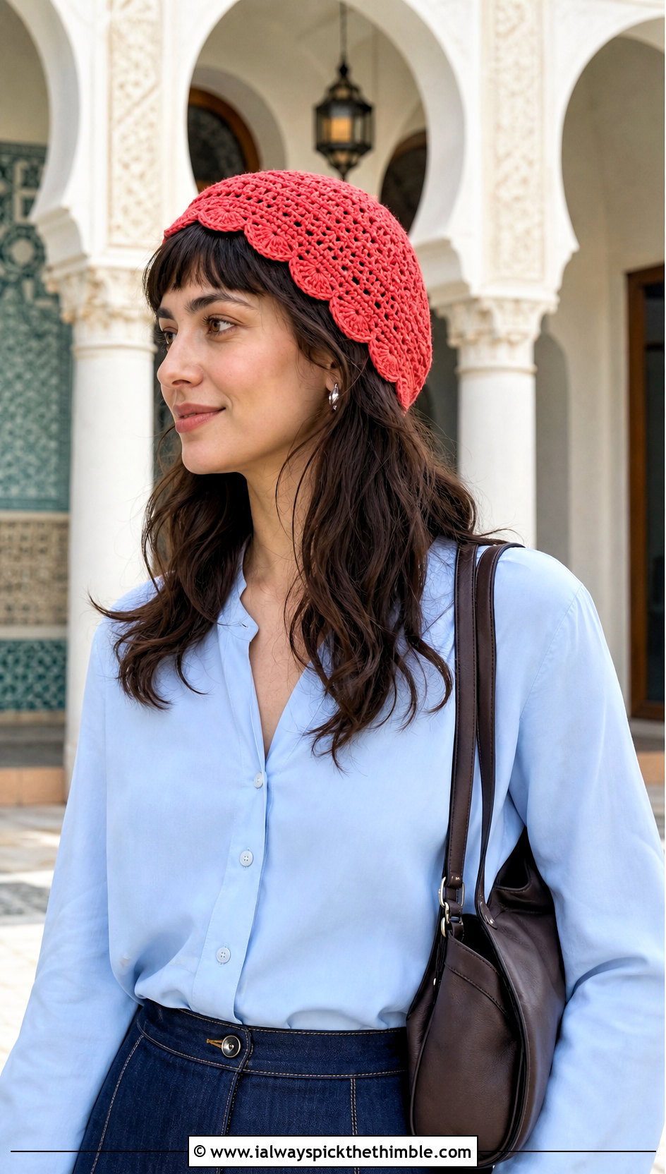 Scalloped Edge Square Crochet Beanie With Blouse And Midi Skirt - 20 square crochet beanie outfit ideas