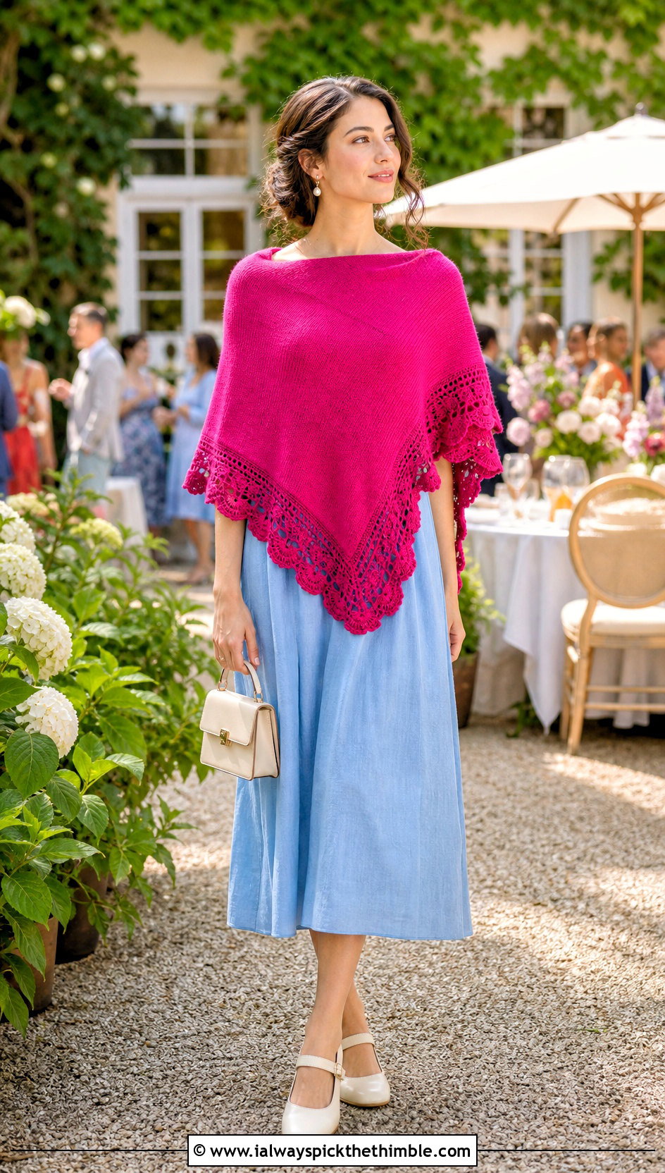 Scalloped Edge Square Poncho With Tea Length Dress - 20 crochet square poncho outfit ideas