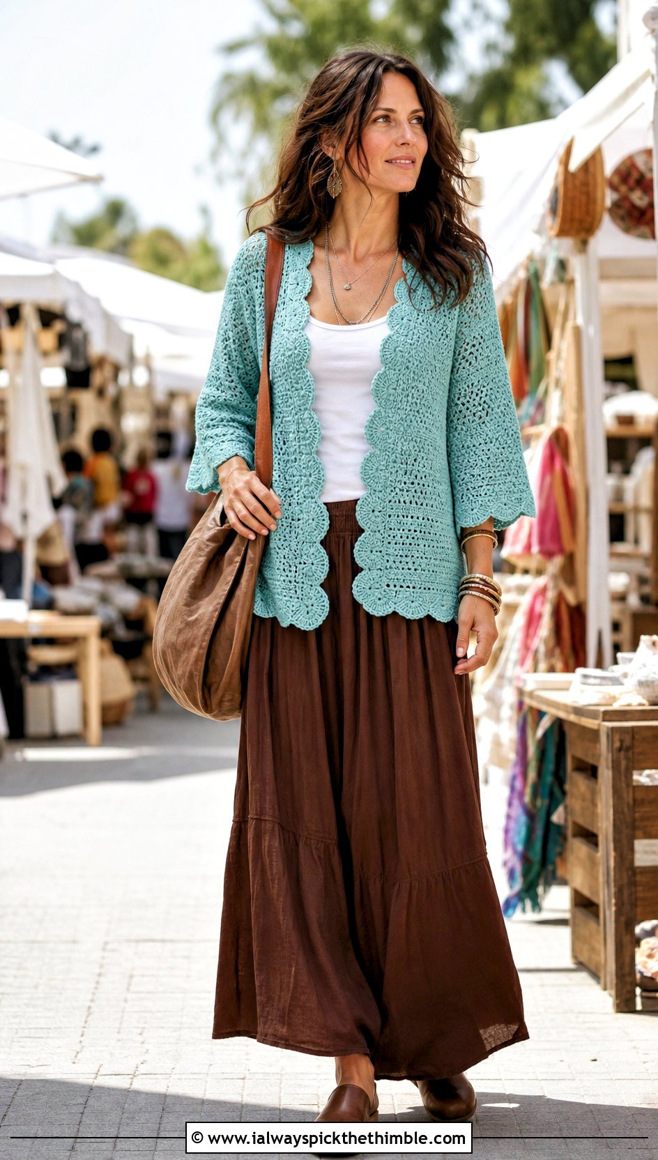 Scalloped Edge Top Down Crochet Raglan Cardigan With Maxi Skirt - 20 top down crochet raglan cardigan outfit ideas