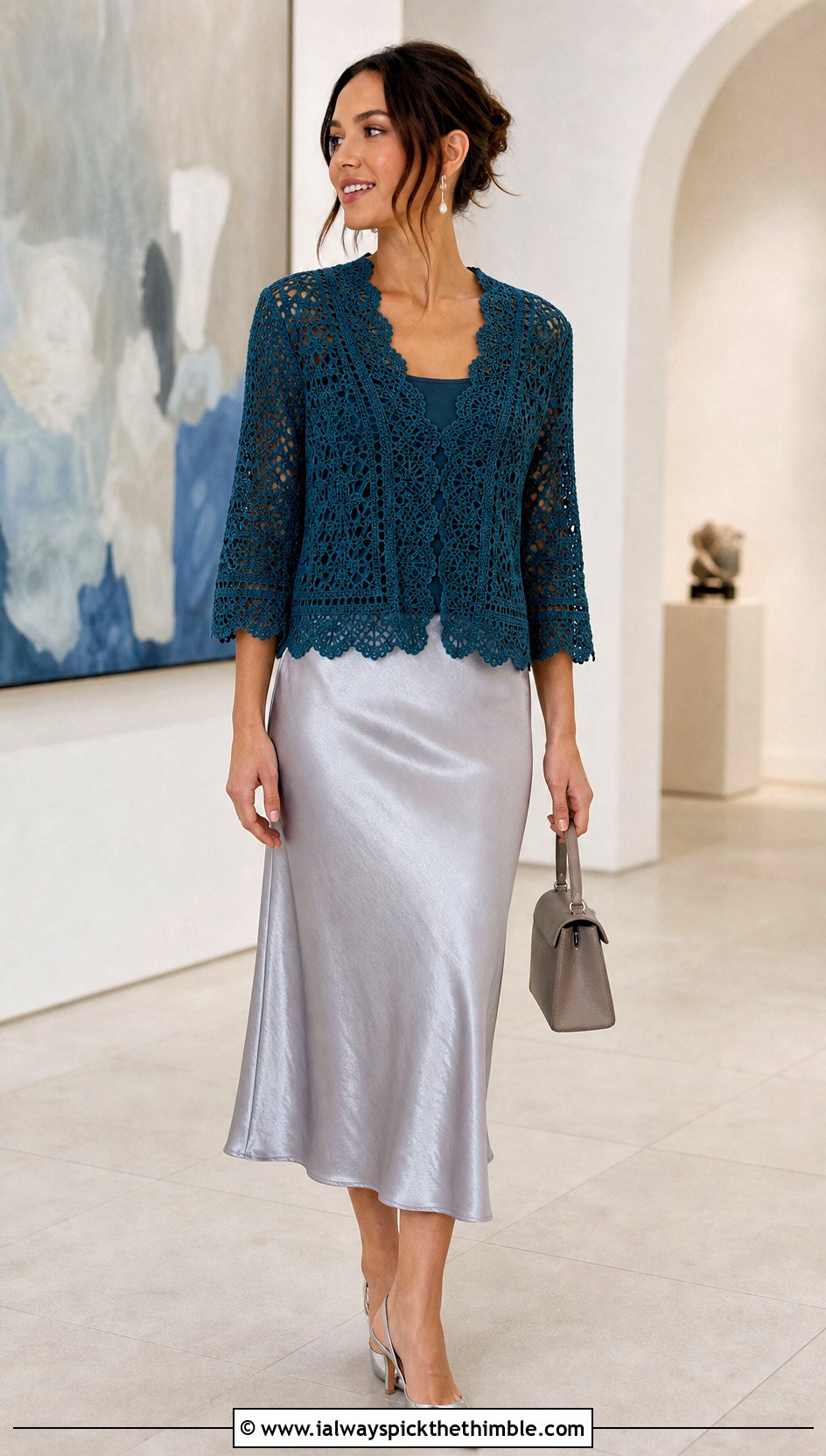 Scalloped Edge Vera Top With Satin Midi Skirt - 25 crochet vera top outfit ideas