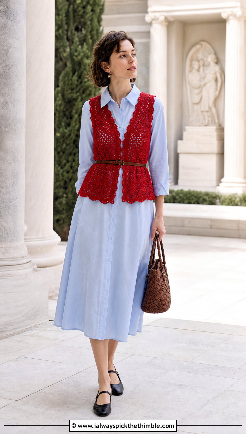 Scalloped Edge Vintage Crochet Vest With Shirt Dress - 20 Vintage Crochet Vest outfit ideas