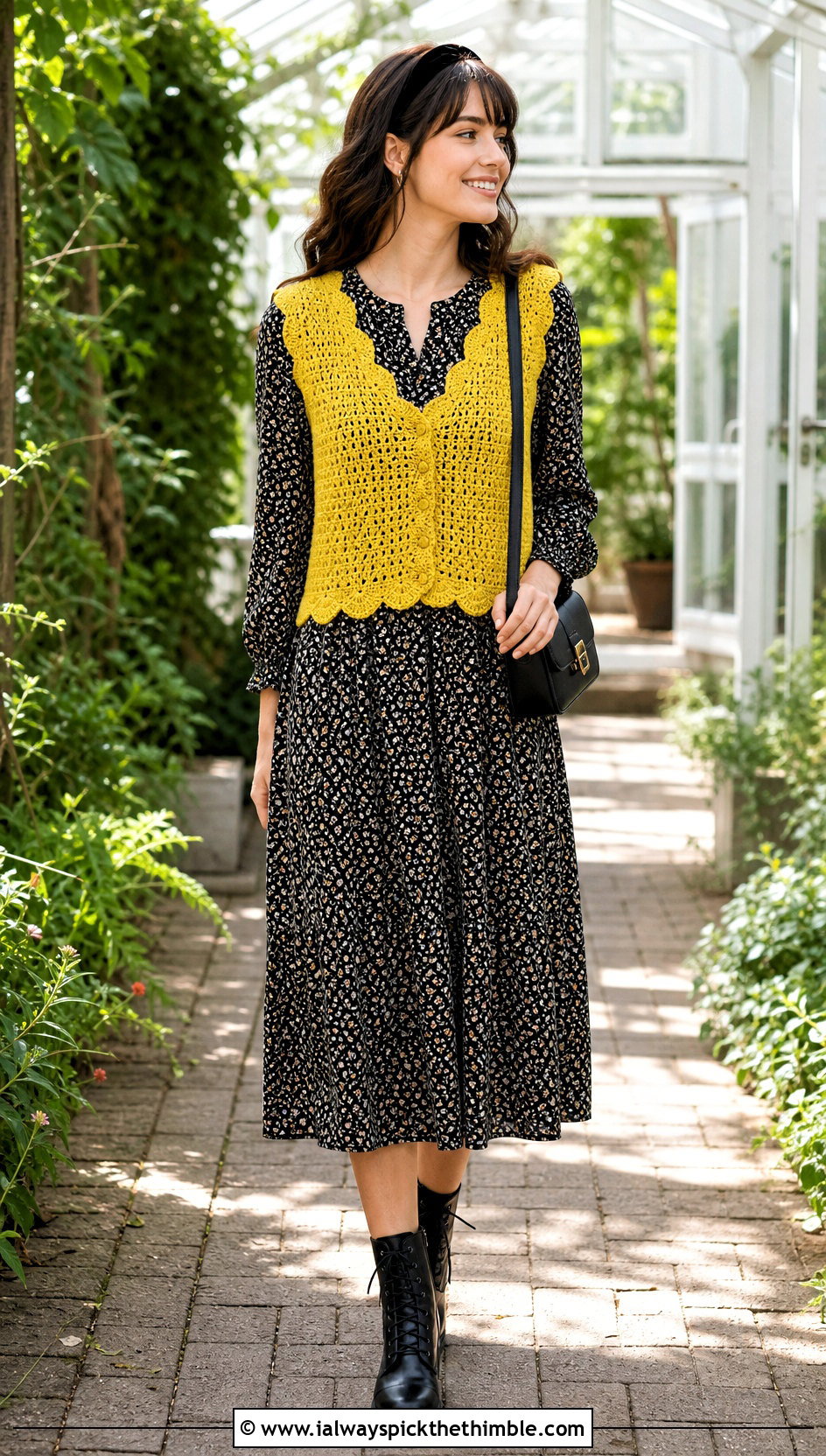 Scalloped Edge Wednesday Crochet Vest With Floral Midi Dress - 20 wednesday crochet vest outfit ideas
