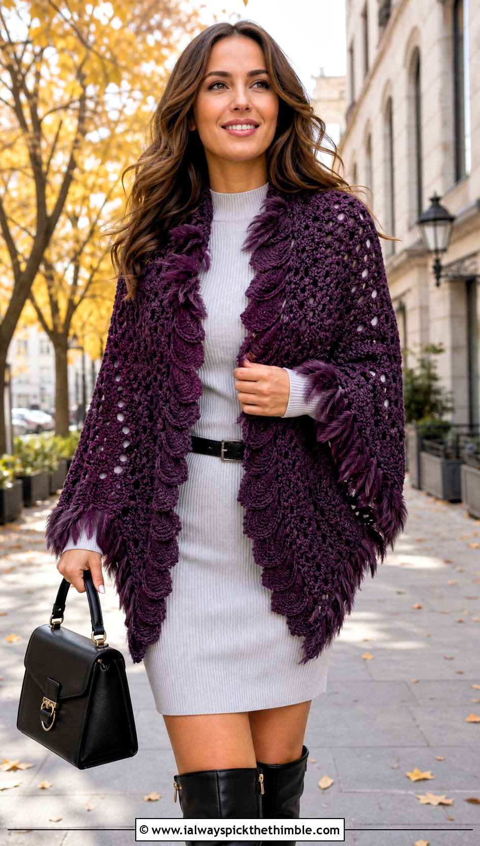Scalloped Feather Shawl With Sweater Dress - 20 crochet feather shawl outfit ideas
