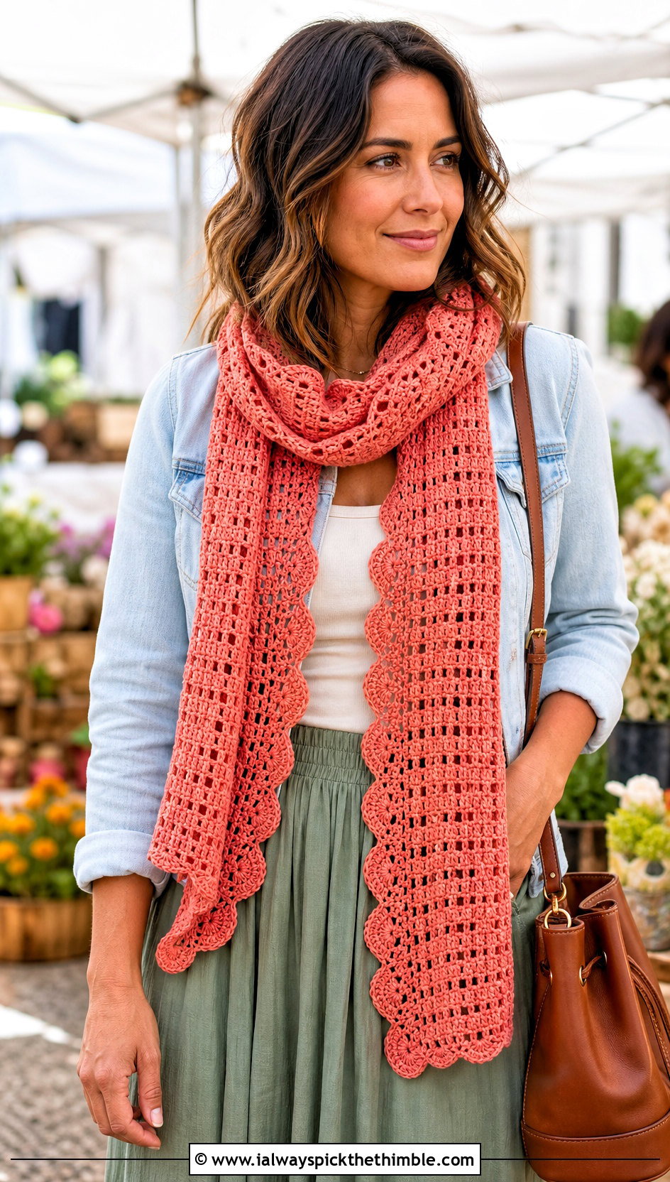 Scalloped Filet Crochet Scarf With A Denim Jacket And Maxi Skirt - 25 filet crochet scarf outfit ideas