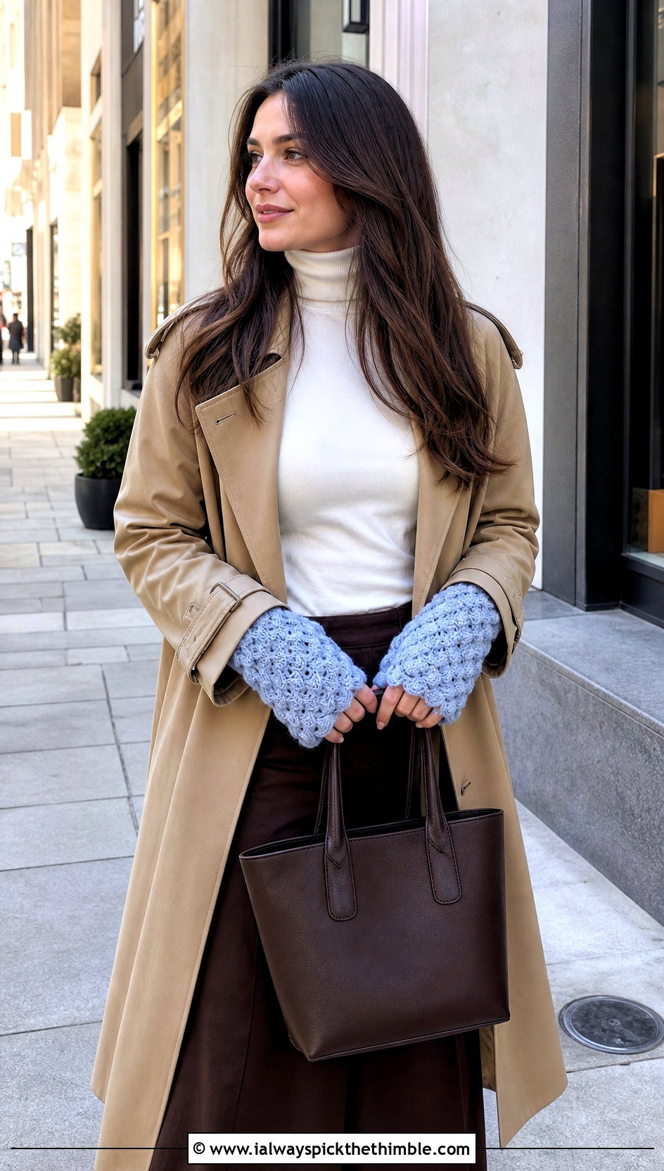 Scalloped Fingerless Gloves With Trench Coat - 20 finger less crochet gloves outfit ideas
