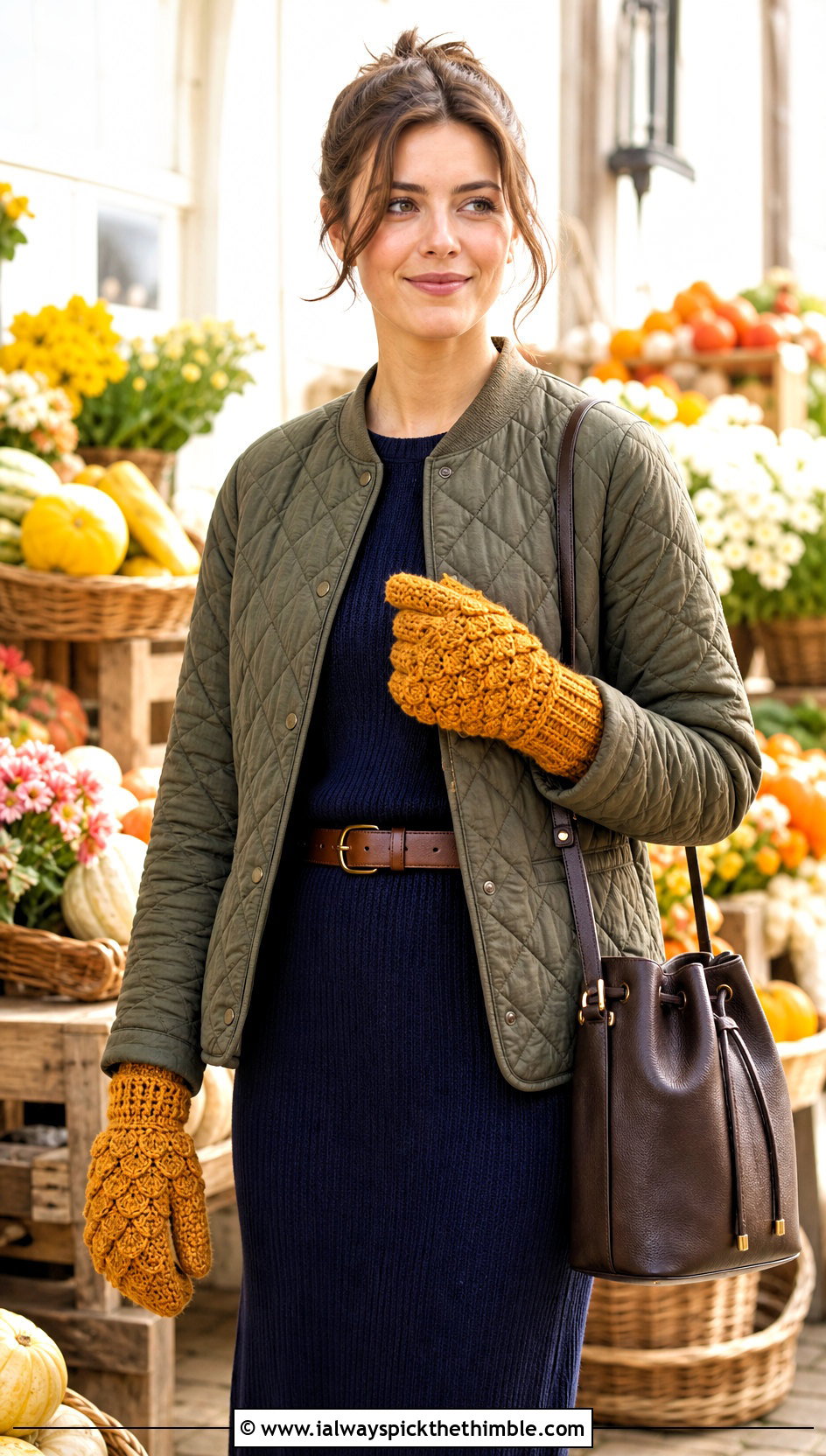 Scalloped Flap Crochet Gloves With Quilted Jacket and Midi Dress - 20 Convertible Crochet Gloves outfit ideas