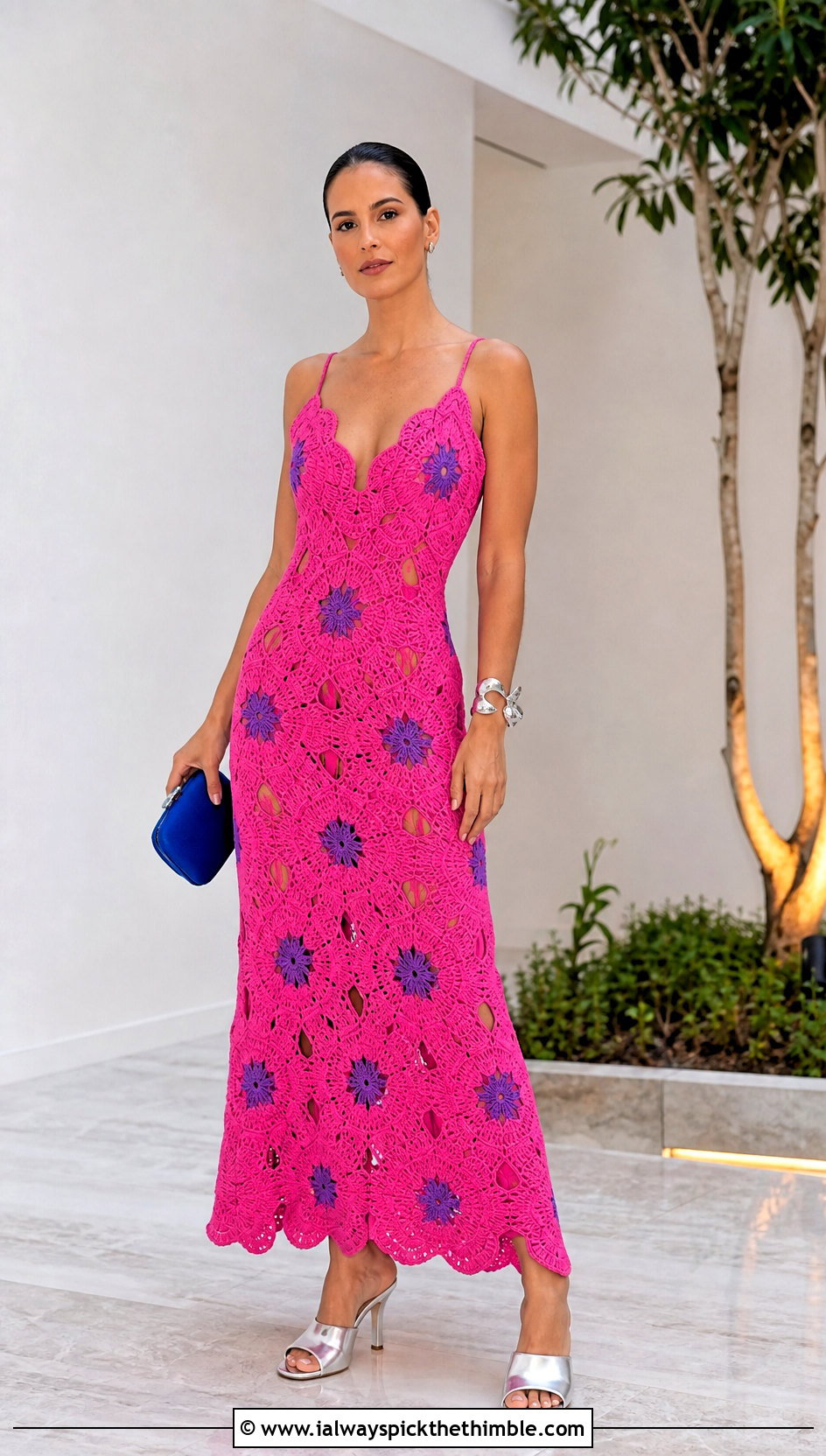 Scalloped Floral Crochet Maxi Dress With Heeled Mules - 15 floral crochet maxi dress outfit ideas