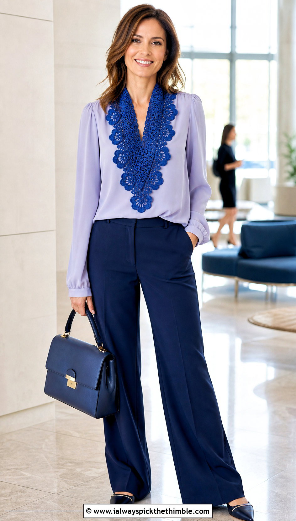 Scalloped Floral Crochet Scarf With Blouse And Wide Leg Pants - 25 crochet flower scarf outfit ideas
