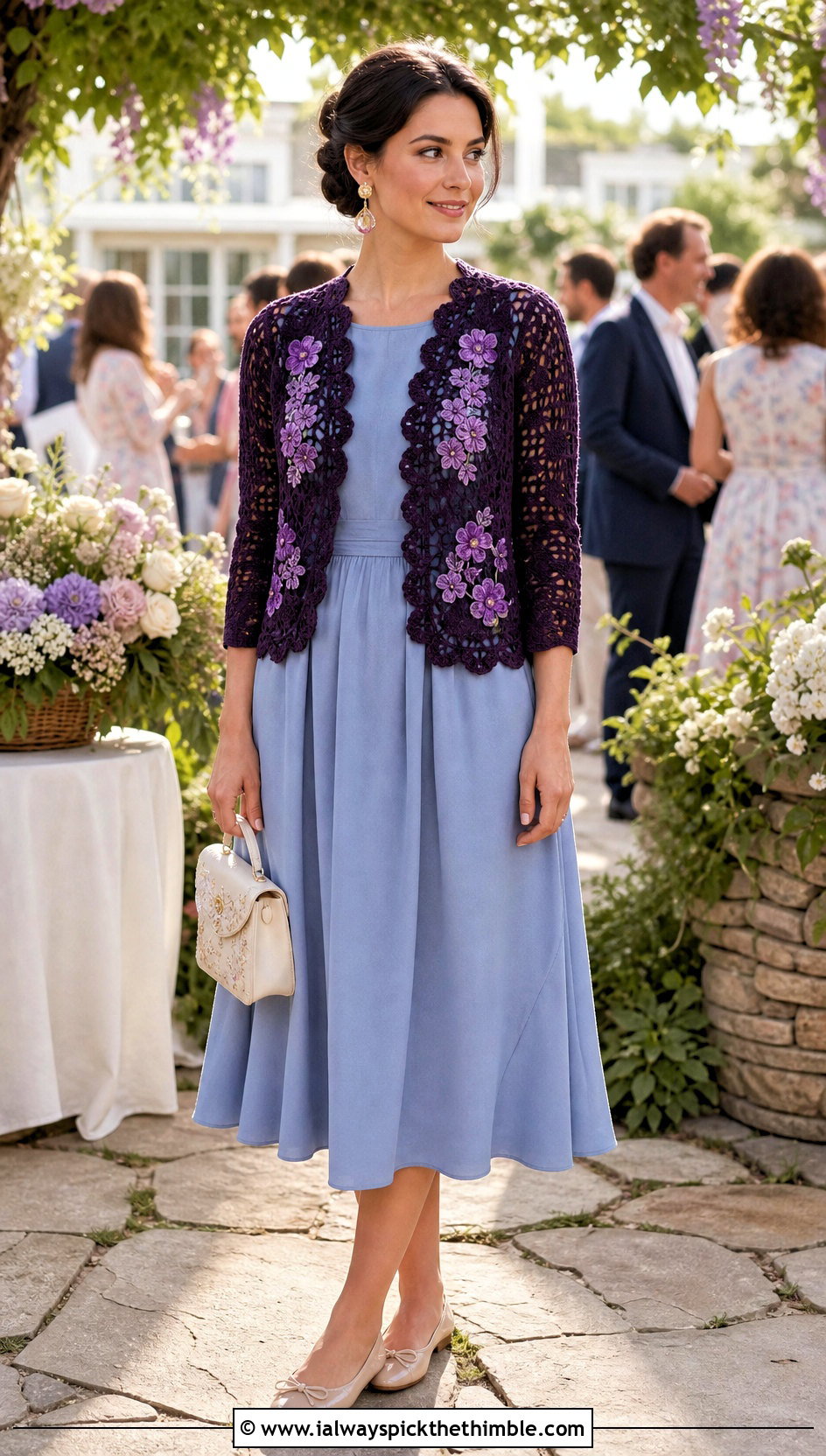 Scalloped Flower Cardigan With Tea Dress - 20 crochet flowers cardigan outfit ideas