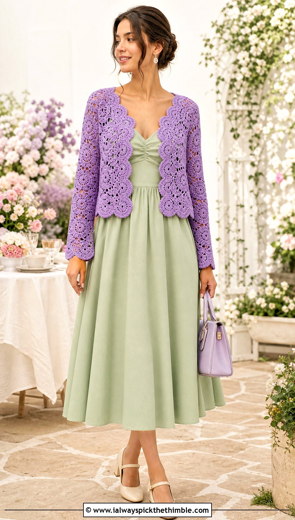 Scalloped Flower Cardigan With Tea Dress - 20 crochet flower sweater outfit ideas
