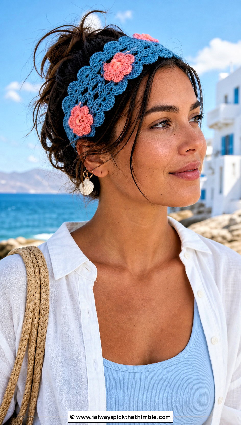 Scalloped Flower Crocheted Headband With Linen Set - 15 colorful crocheted headband with flower outfit ideas