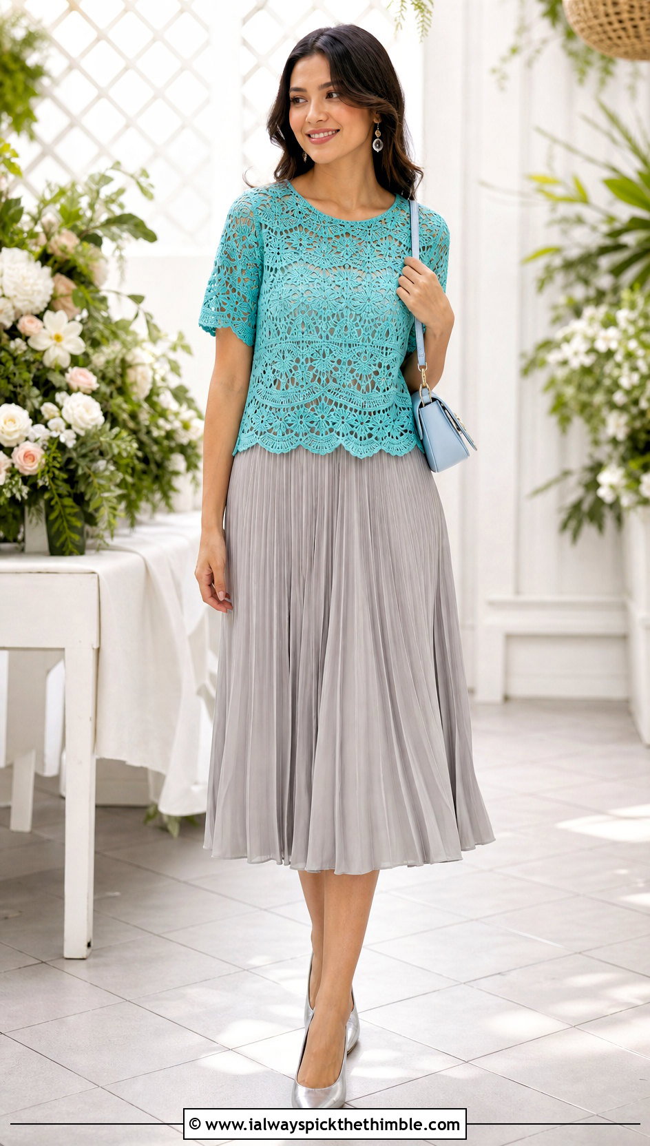 Scalloped Flower Mesh Crochet Top With Pleated Midi Skirt - 20 mesh flower crochet top outfit ideas