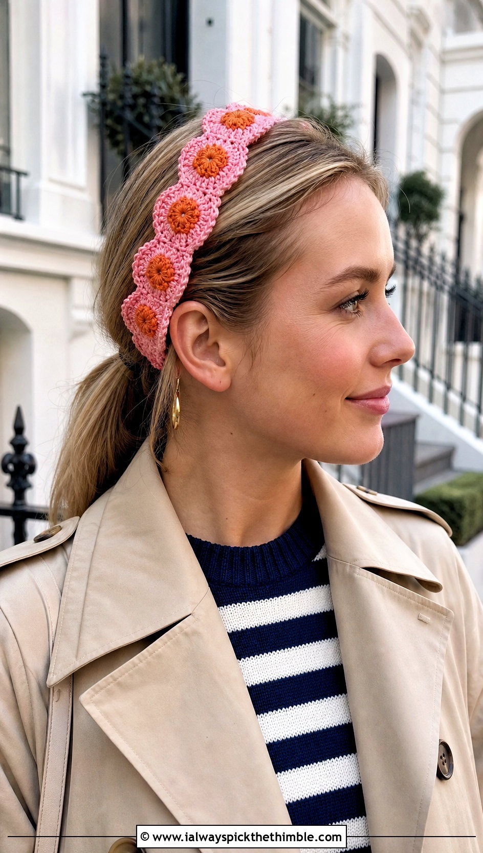 Scalloped Flower Ribbon Crochet Headband With Trench Coat - 15 crochet headband with flower and ribbon outfit ideas