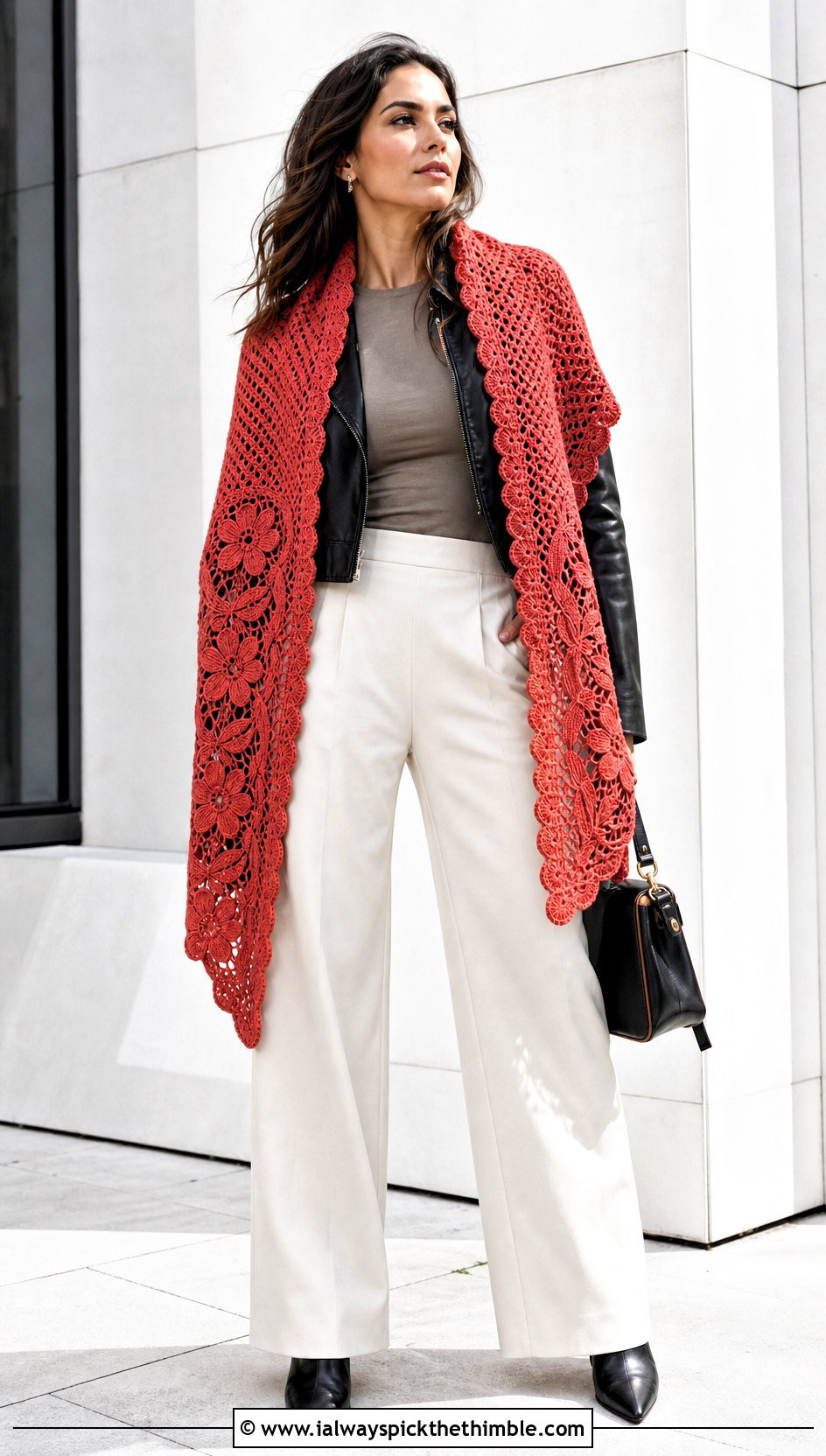Scalloped Flower Shawl With Leather Jacket And Wide Leg Trousers - 15 Crochet Flower Shawl outfit ideas