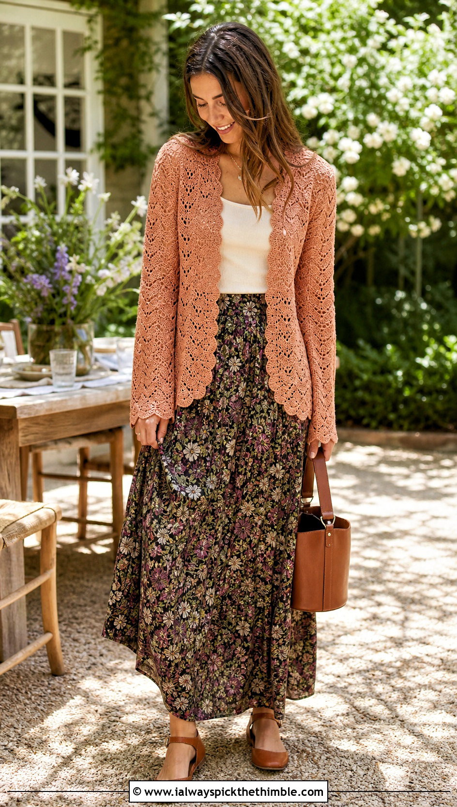 Scalloped Gold Crochet Cardigan With Floral Maxi Skirt - 15 gold crochet cardigan outfit ideas