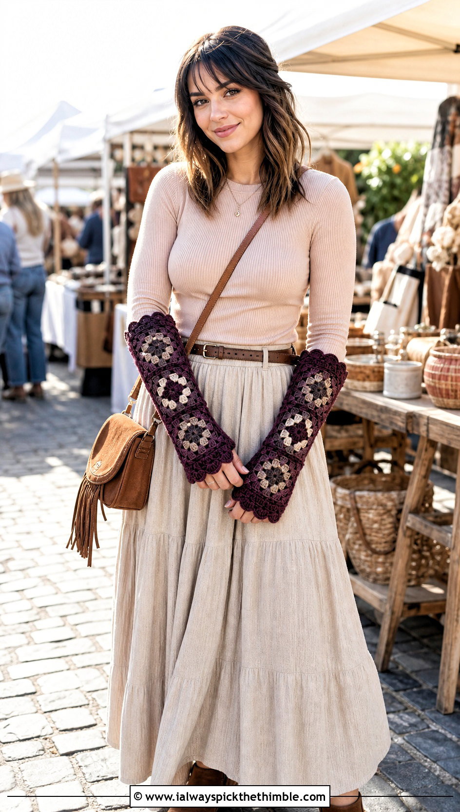 Scalloped Granny Square Arm Warmers With Maxi Skirt - 20 Granny Square Arm Warmers outfit ideas
