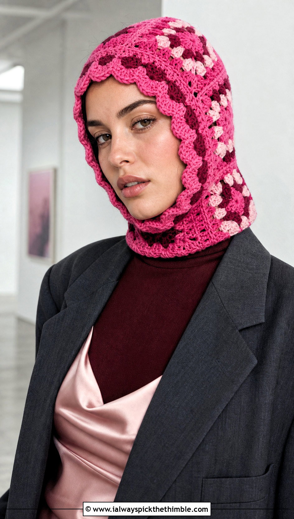 Scalloped Granny Square Balaclava With Slip Dress And Blazer - 25 granny square balaclava outfit ideas
