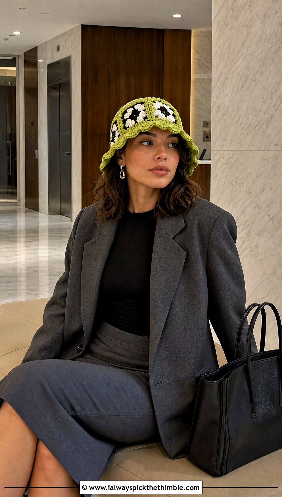 Scalloped Granny Square Bucket Hat With Blazer And Skirt - 20 granny crochet bucket hat outfit ideas